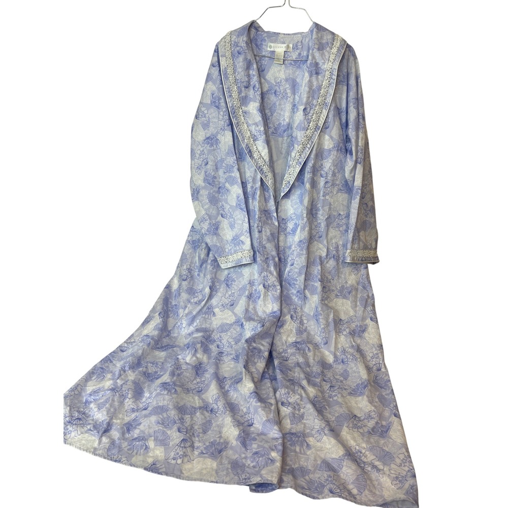 Eileen West Blue White Floral Fan Print Lace Trim Cotton Long Robe Large *No Tie